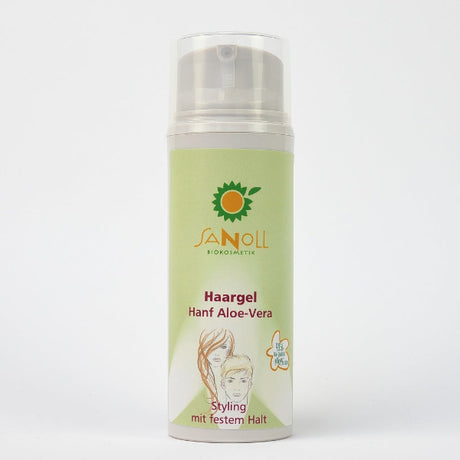 „Sanoll Haargel Hanf Aloe Vera – Styling mit festem Halt - naturkosmetisches Styling Gel in einer 100 ml Tube mit grünem Etikett, fotografiert auf weißem Hintergrund.“