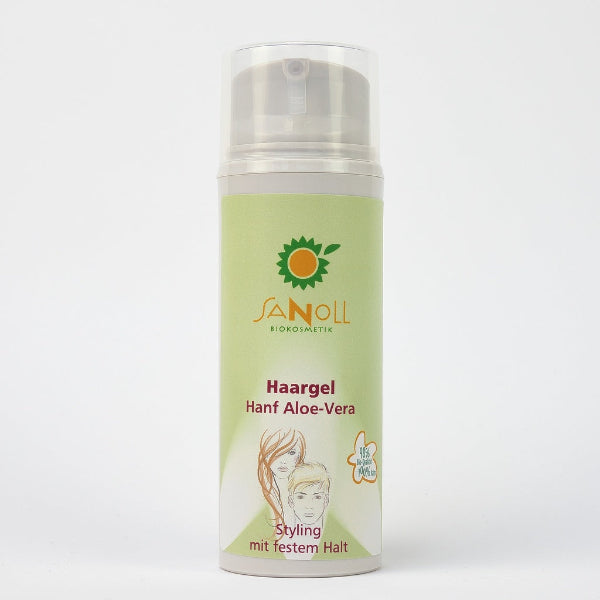 „Sanoll Haargel Hanf Aloe Vera – Styling mit festem Halt - naturkosmetisches Styling Gel in einer 100 ml Tube mit grünem Etikett, fotografiert auf weißem Hintergrund.“