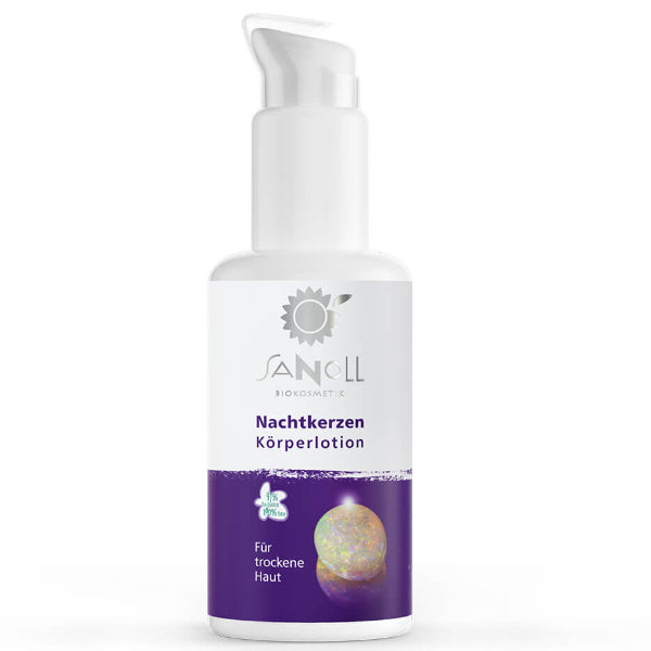 Pumpspenderflasche aus Verpackung: Opal-Glas mit Aufschrift: Sanoll Nachtkerzen KörperLotion – Bio Körperpflege mit Nachtkerzenöl für trockene Haut, 150 ml