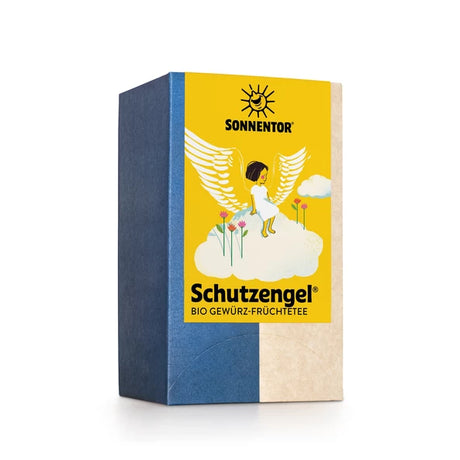 Blaue Teeverpackung von Sonnentor Schutzengel Bio Gewürz-Früchtetee mit Engel-Illustration auf gelbem Etikett