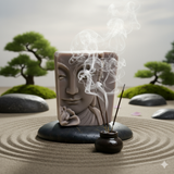 Ein rechteckiges Stück Seife mit einem Buddha-Gesicht und leicht aufsteigendem Weihrauchrauch steht auf einem runden, schwarzen Stein in einem Zen-Garten. Der Zen-Garten hat geharkten Sand mit Kreismustern, einige größere, glatte Steine und zwei grüne Bonsai-Bäume im Hintergrund. Ein heller Holzzaun ist undeutlich im hinteren Bereich zu sehen.