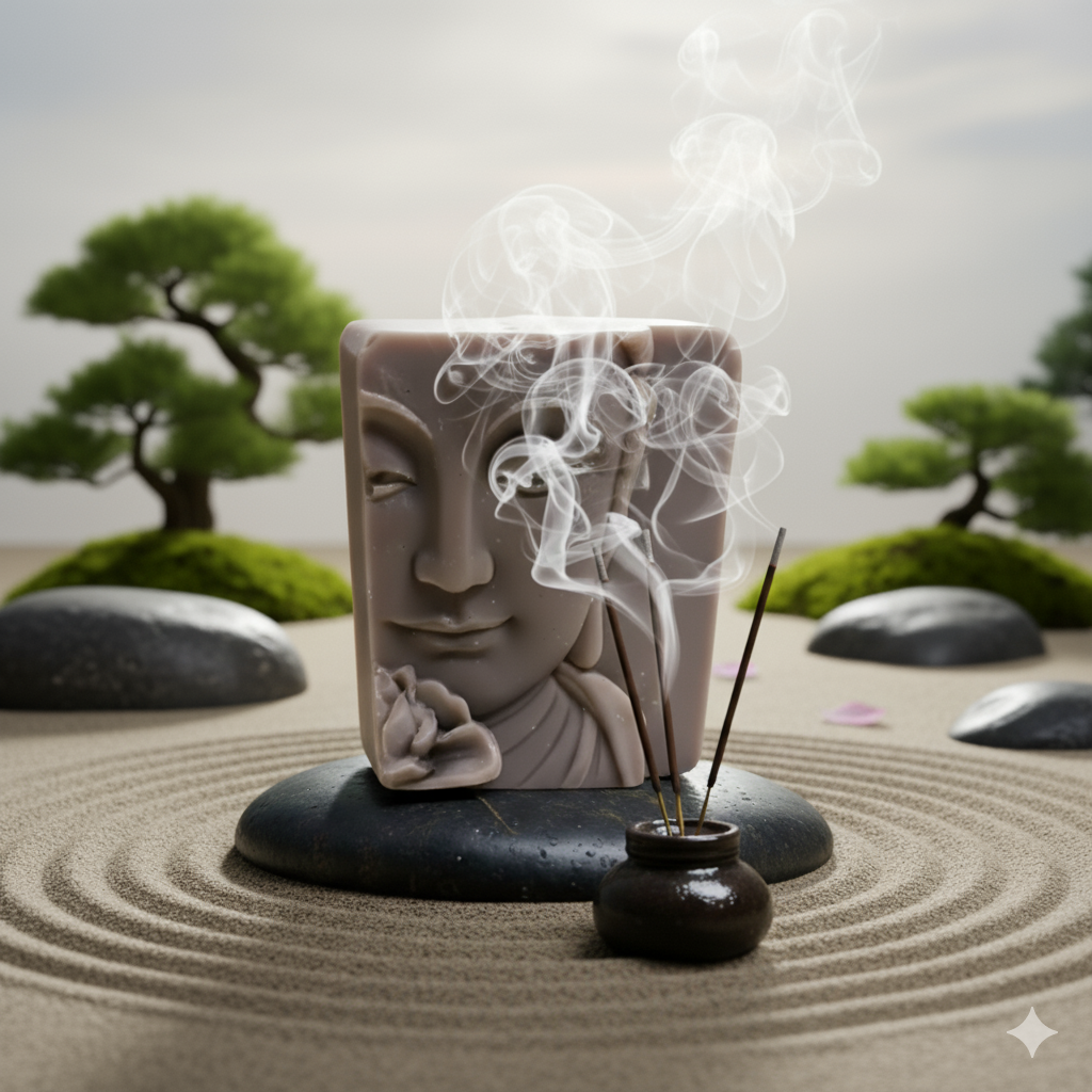 Ein rechteckiges Stück Seife mit einem Buddha-Gesicht und leicht aufsteigendem Weihrauchrauch steht auf einem runden, schwarzen Stein in einem Zen-Garten. Der Zen-Garten hat geharkten Sand mit Kreismustern, einige größere, glatte Steine und zwei grüne Bonsai-Bäume im Hintergrund. Ein heller Holzzaun ist undeutlich im hinteren Bereich zu sehen.