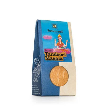 "Shantis Tandoori Masala Gewürz Bio-Gewürzmischung – 32g von Sonnentor. Bio-Tandoori-Gewürzmischung mit Paprika, Kurkuma, Koriander und Kardamom. Vegan und perfekt für orientalische Gerichte."