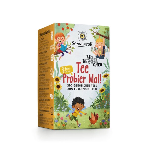 „Packung Sonnentor Tee Probier mal bio, 20 Beutel mit vielfältigen Kräuter-, Früchte- und Gewürztees.“