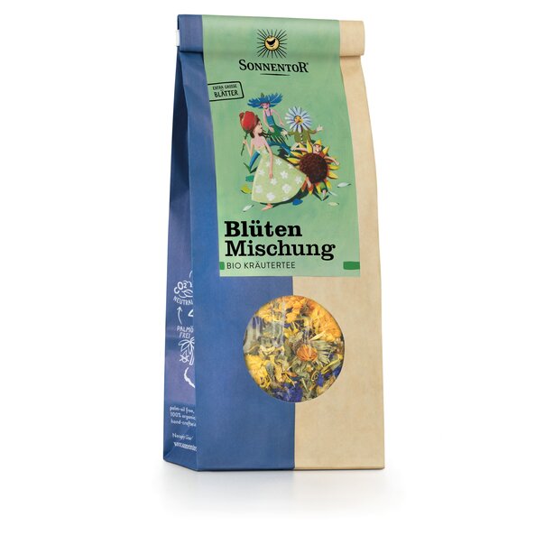 „Packung Sonnentor Blütenmischung loser Tee bio, 40 g, blumig-frischer Kräutertee mit Ringelblumen und Kornblumen.“