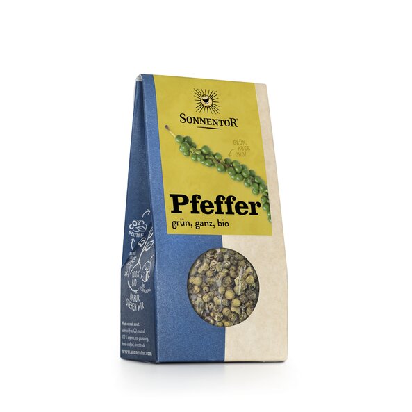 „20 g Packung Sonnentor Pfeffer grün ganz bio – nachhaltige Verpackung mit Illustration von grünen Pfefferkörnern.“