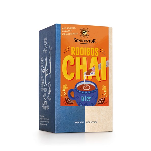 „Packung Sonnentor Rooibos Chai bio, koffeinfreier Tee mit Rooibos, Zimt, Ingwer und Kardamom, 32,4 g.“