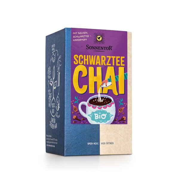 „Packung Sonnentor Schwarztee Chai bio, kräftiger Assam-Schwarztee mit Ingwer, Zimt, Kardamom und Nelken, 32,4 g.“