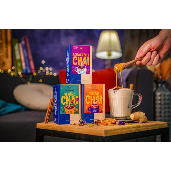 „Sonnentor Chai bio – 18 Doppelkammerbeutel in nachhaltiger Verpackung mit bunter Gewürzillustration.