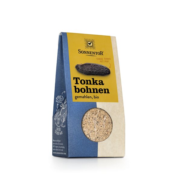 „Packung Sonnentor Tonkabohne gemahlen bio, 18 g, süßlich-warmes Aroma für Desserts und Gebäck.“