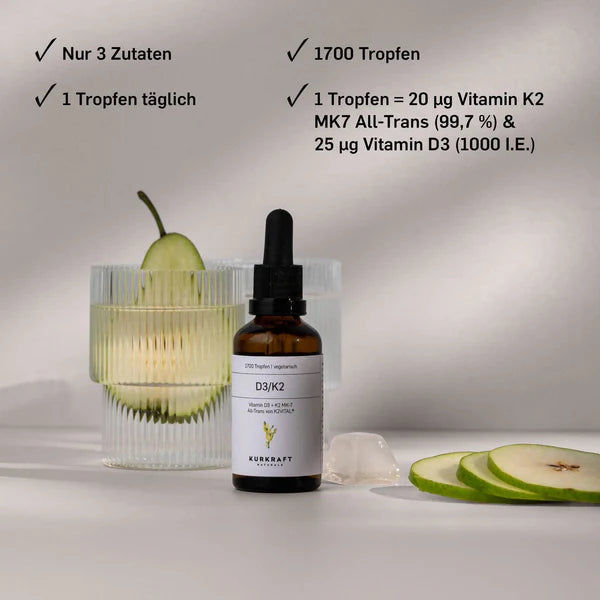 Synergistisches Vitamin-Duo.  VITAMIN D3+K2- KURKRAFT