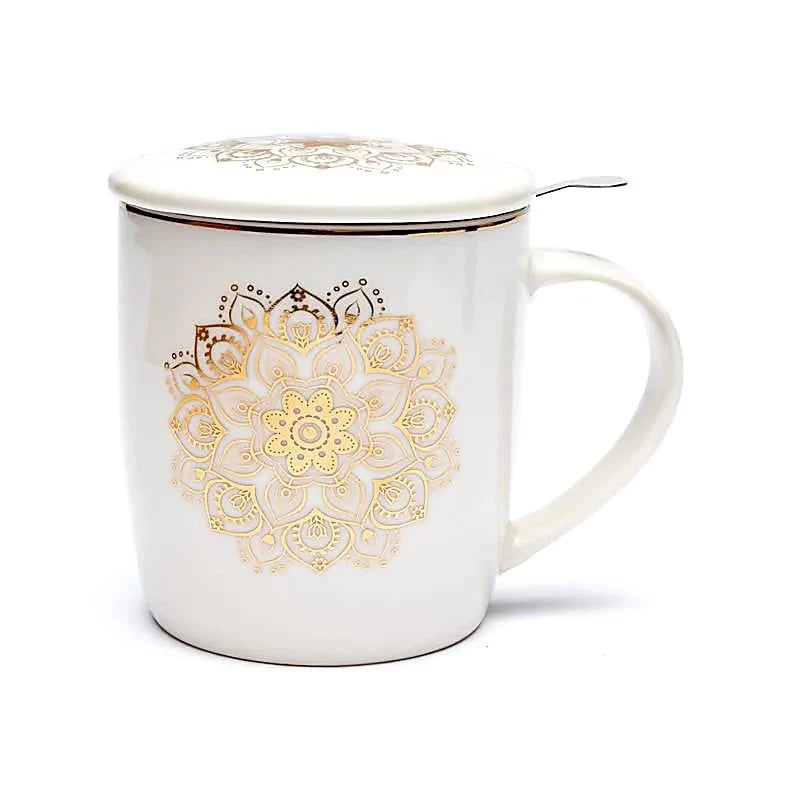 Weißes Mandala - Teetasse mit Sieb und Deckel