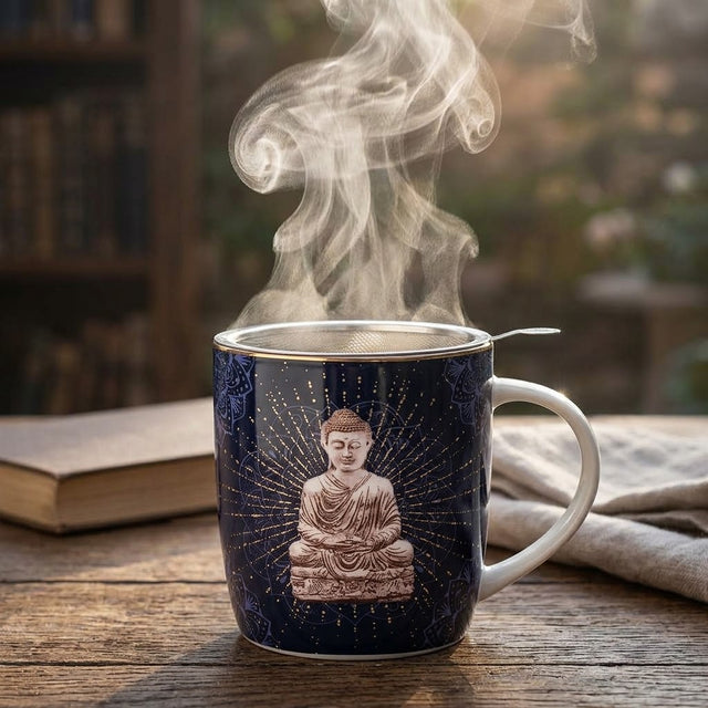 Eine dampfende Tasse heißer Tee in dem dunkelblauen Buddha-Teebecher auf einem rustikalen Holztisch. Weißer Dampf steigt aus dem integrierten Edelstahl-Sieb auf, während im Hintergrund eine gemütliche Atmosphäre zu sehen ist.