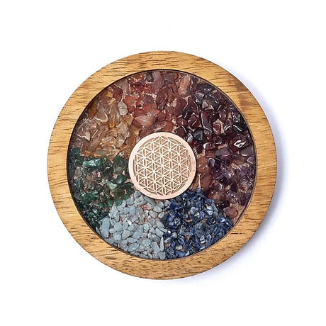 Holz‑Untersetzer Chakren & Blume des Lebens mit sieben Edelsteinen – 10 cm.