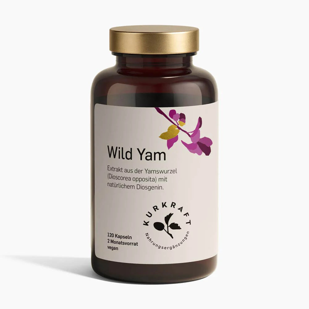braune Dose mit cremefarbenen Etikett. Schwarze Beschriftung: Wild Yam- Extrakt aus der Yamswurzel mit natürlichem Diosgenin. 120Kapseln, 2 Monatsvorra, vegan-Kurkraft