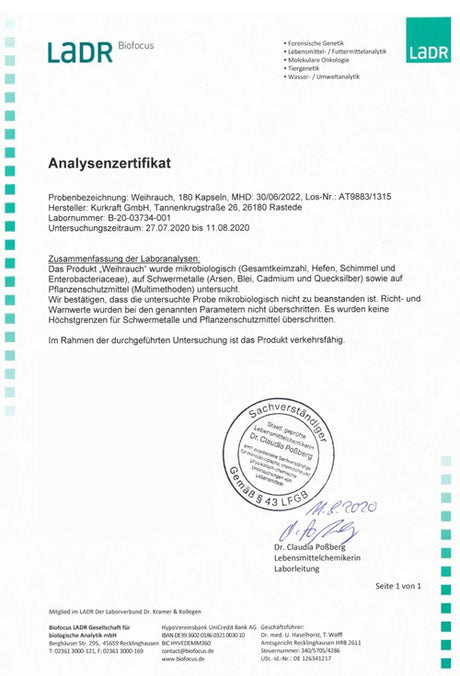 Das Analysezertifikat der Weihrauchkapseln von Kurkraft