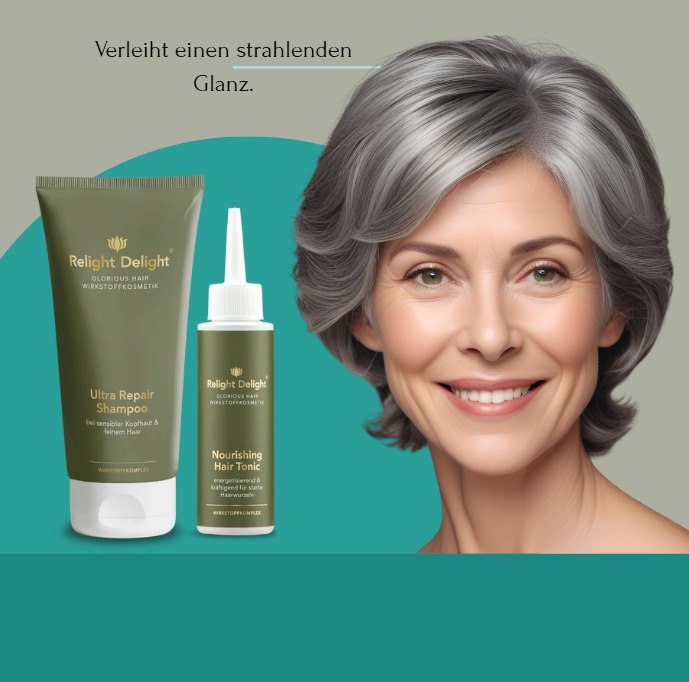 Ein Bild einer Frau mit feinem, voluminösem Haar – gesund und glänzend und der Aufschrift: Verleiht einen strahlenden Glanz