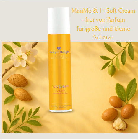 „Natürliche Inhaltsstoffe der Mini Me Soft Cream  von Relight Delight – Mandelöl, Sheabutter, Jojoba und Vitamin E für sensible Kinderhaut.“