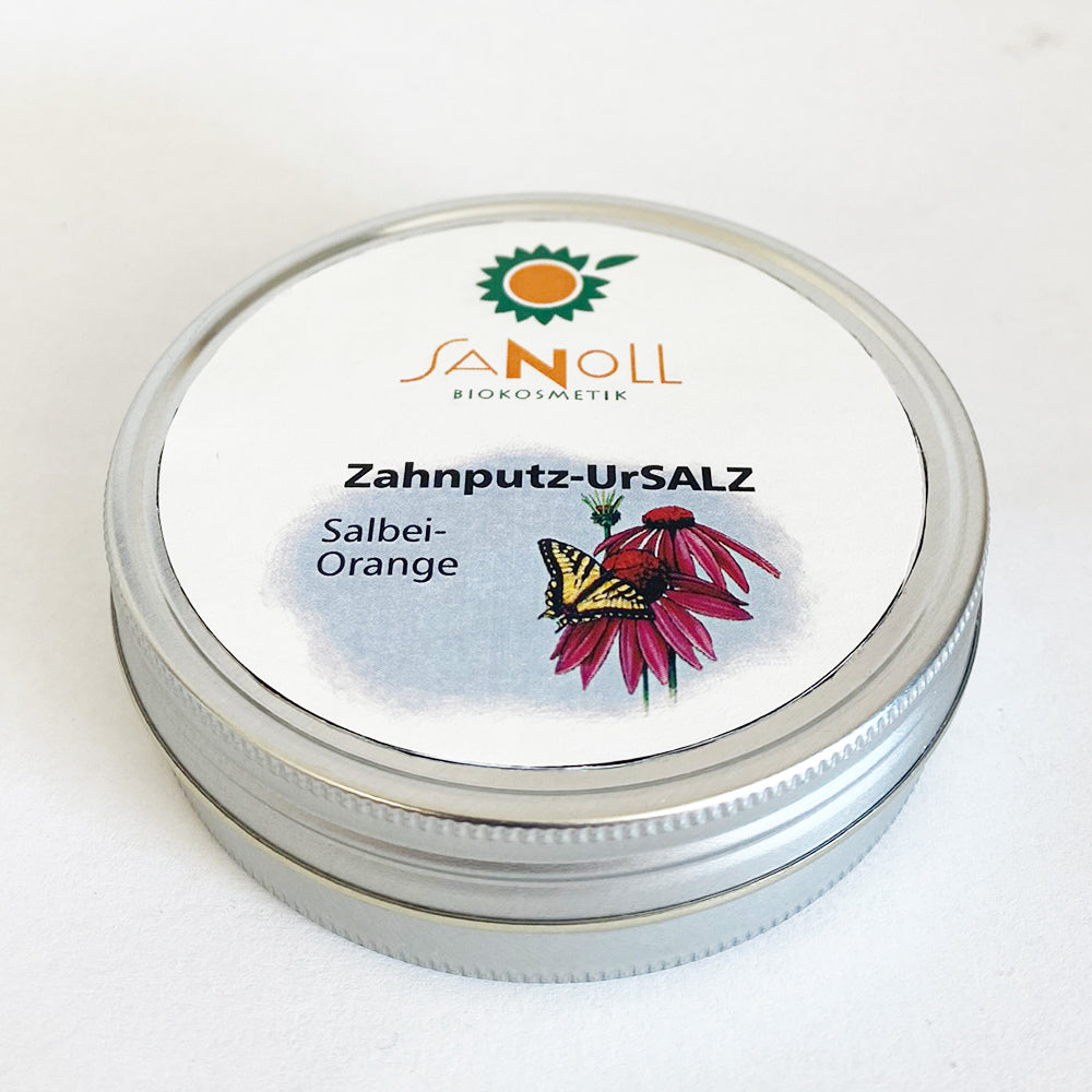 Sanoll Biokosmetik Zahnputz-UrSALZ Salbei-Orange 50 g in der Weißblech-Dose