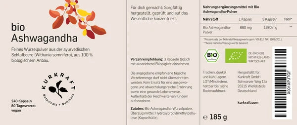 Nahaufnahme der veganen Bio Ashwagandha Kapseln gefüllt mit 660 mg reinem Bio-Wurzelpulver