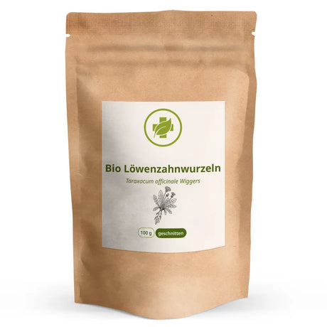 Stehende braune Papiertüte der Bio Löwenzahnwurzeln von vitalundfitmit100 