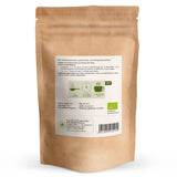 Rückseite der Verpackung der Bio Löwenzahnwurzeln mit Zubereitungssymbolen für Dosierung, Ziehzeit und Aufbrühtemperatur sowie Bio-Siegel und Herstelleradresse.