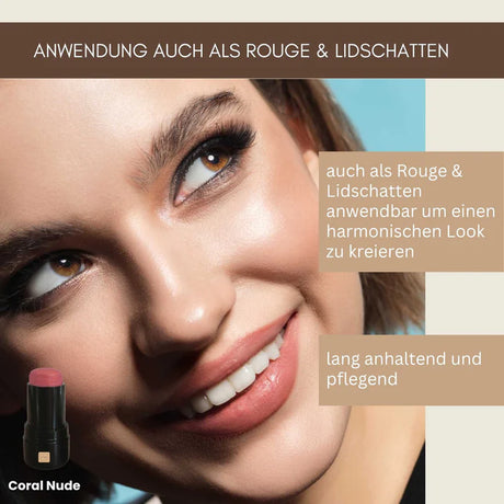 3‑in‑1 Anwendung des Bio Lippenstifts – als Lippenstift, Rouge und cremiger Lidschatten