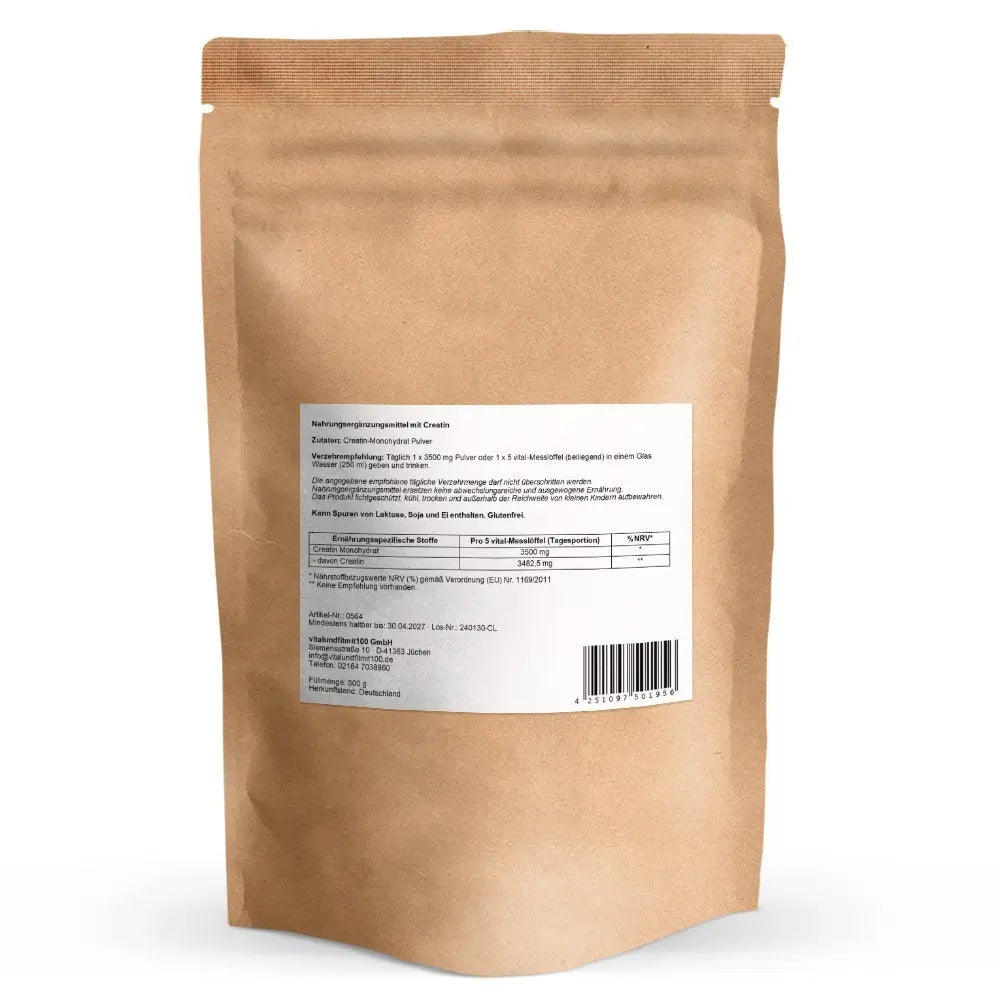 Rückseite der Verpackung des Creatin Monohydrat Pulvers von vitalundfitmit100 mit weißem Etikett für Verzehrempfehlung, Nährstofftabelle, Allergenhinweisen und Barcode.