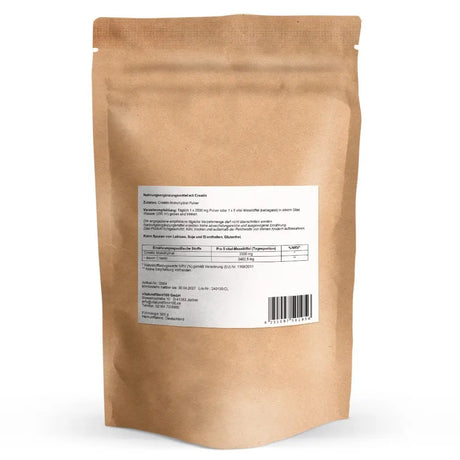 Rückseite der Verpackung des Creatin Monohydrat Pulvers von vitalundfitmit100 mit weißem Etikett für Verzehrempfehlung, Nährstofftabelle, Allergenhinweisen und Barcode.