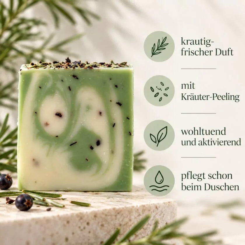 Produktübersicht der Rosmarin-Wacholder-Seife : krautig-frischer Duft, mit Kräuter-Peeling, wohltuend und aktivierend sowie pflegt schon beim Duschen.