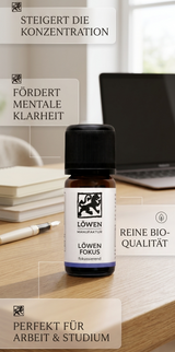 Löwen Manufaktur Löwen Fokus Öl auf einem Schreibtisch mit Text-Overlays zu Konzentration, mentaler Klarheit und Bio-Qualität für Arbeit und Studium.