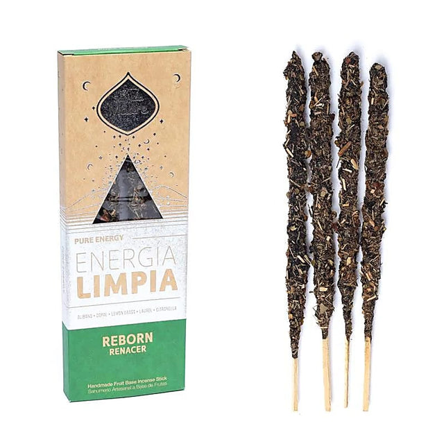 Naturkarton-Verpackung Sagrada Madre Pure Energy Energia Limpia Reborn Renacer mit Dreieck-Sichtfenster und vier dicken Kräuter-Räucherstäbchen daneben.