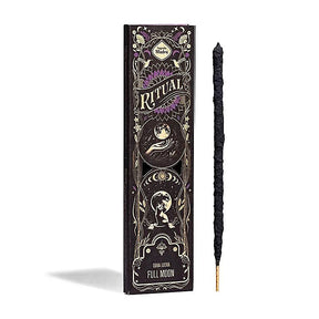 Produktverpackung Sagrada Madre Ritual Räucherwerk Vollmond mit vergoldeten Mondornamenten und einem schwarzen Räucherstäbchen daneben.