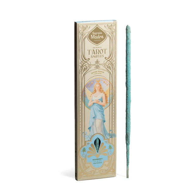 Produktpackung Sagrada Madre Tarot Angeles Räucherwerk „Divine Power“ (Göttliche Kraft) mit hellblauem Design, Engel-Illustration und einem hellblauen Räucherstäbchen daneben.