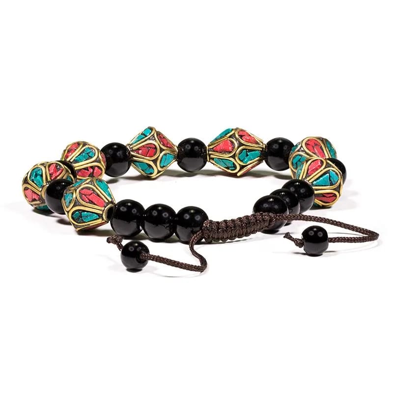 Armband Türkis, Koralle & schwarzer Achat (verstellbar)