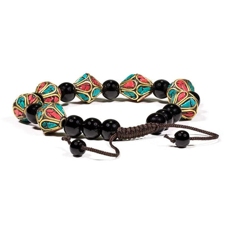 Armband Türkis, Koralle & schwarzer Achat (verstellbar)