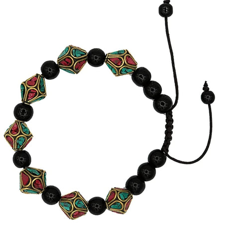 Armband Türkis, Koralle & schwarzer Achat (verstellbar)