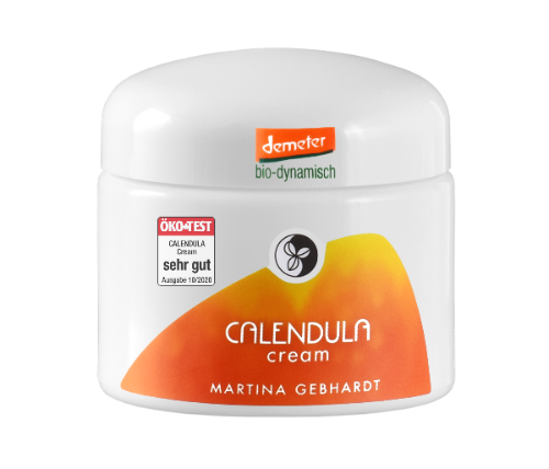 Weißer Porzelantiegel  mit Aufschrift: Demeter bio dynamisch. Calendula Cream Martina Gebhardt Öktest sehr gut