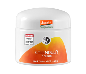 Weißer Porzelantiegel  mit Aufschrift: Demeter bio dynamisch. Calendula Cream Martina Gebhardt Öktest sehr gut
