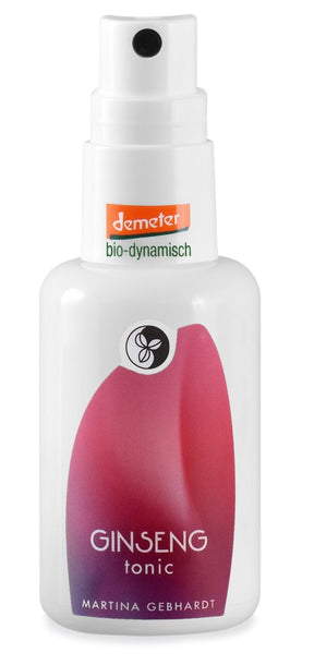 GINSENG Tonic von Martina Gebhardt – veganes, erfrischendes Demeter‑Gesichtswasser in weißer Flasche mit lila Etikett“