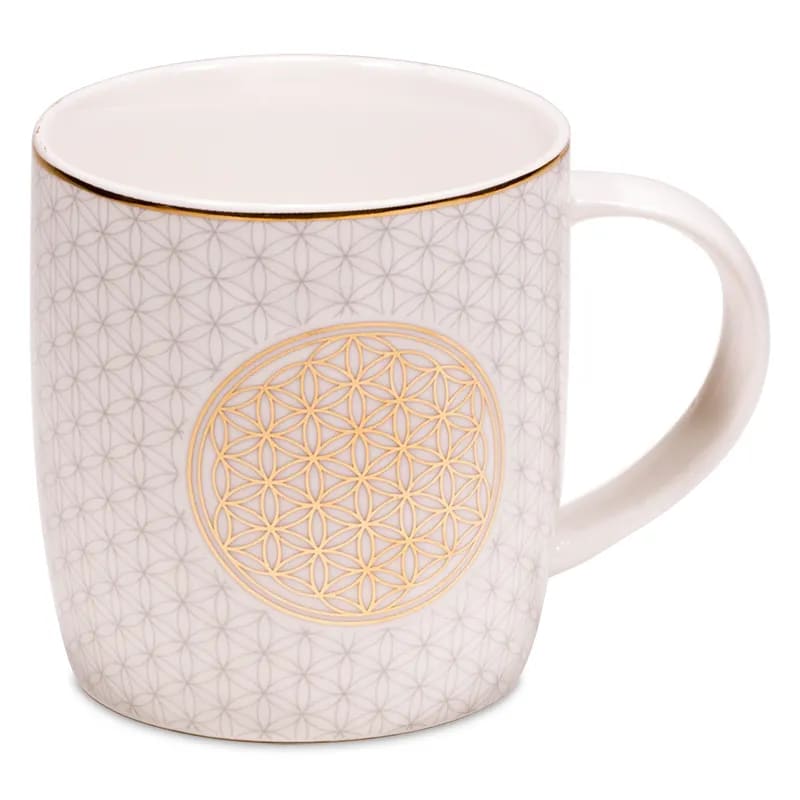 Porzellantasse Blume des Lebens mit Edelstahlsieb und optionalem Deckel – 400 ml spirituelle Teetasse