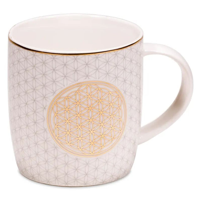 Porzellantasse Blume des Lebens mit Edelstahlsieb und optionalem Deckel – 400 ml spirituelle Teetasse