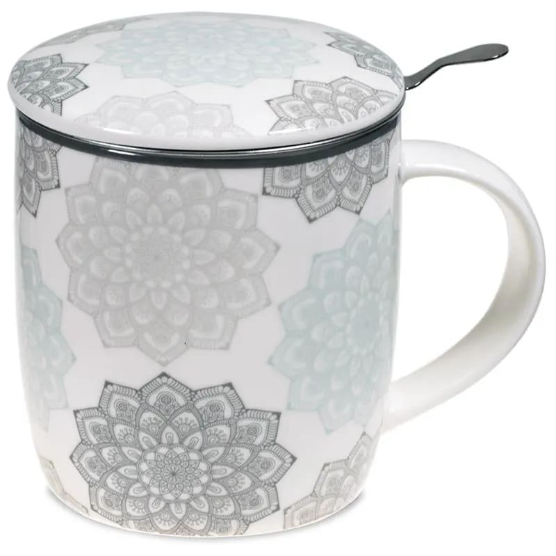 Graues Mandala - Teetasse mit Sieb und Deckel