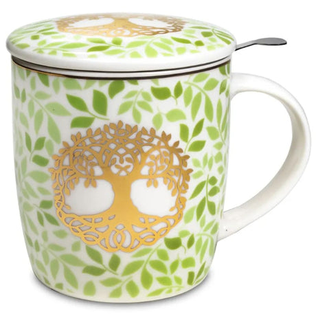 Porzellantasse mit Lebensbaum-Motiv, Edelstahlsieb und Deckel – Baum des Lebens Teetasse für lose Tees