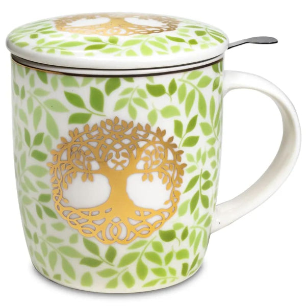 Porzellantasse mit Lebensbaum-Motiv, Edelstahlsieb und Deckel – Baum des Lebens Teetasse für lose Tees