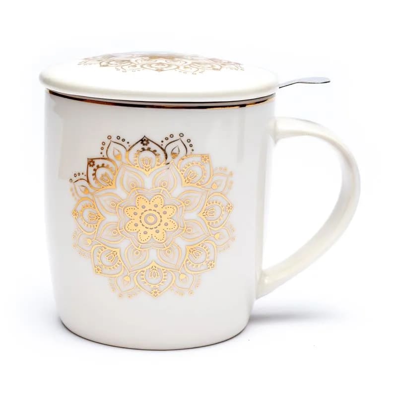 Weißes Mandala - Teetasse mit Sieb und Deckel